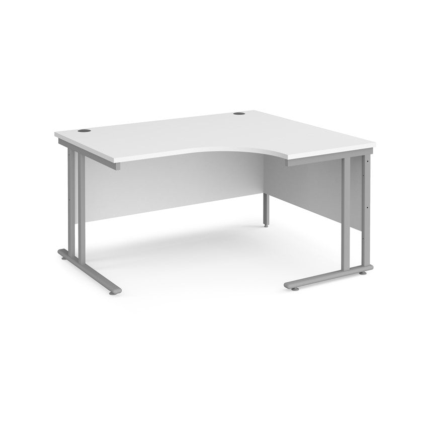 A right-hand ergonomic white with a white melamine tabletop and cantilever metal frame.