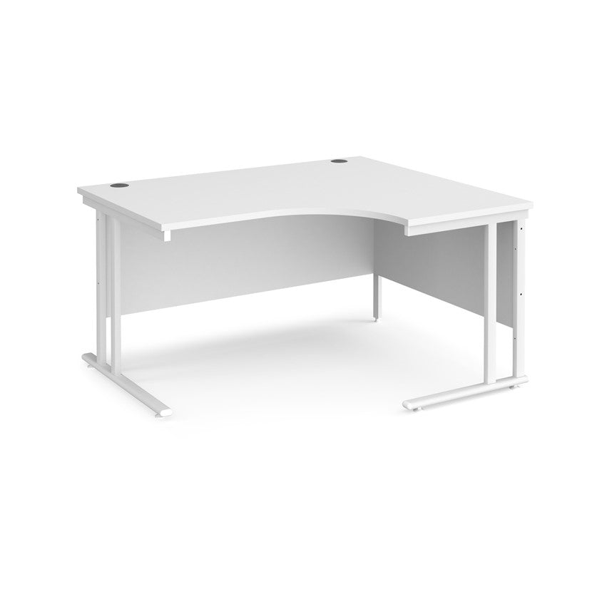 A right-hand ergonomic desk with a white melamine tabletop and white cantilever metal frame.