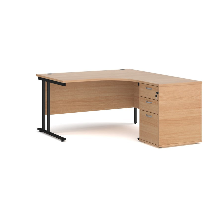 A right-hand configurations office desk with a pedestal storage unit, in a beech wood finish with a scantilever frame.
