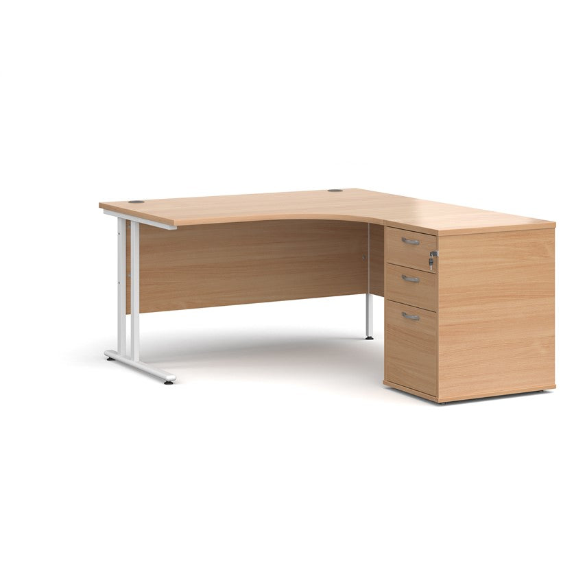 A right-hand configurations office desk with a pedestal storage unit, in a beech wood finish with a silver cantilever frame.