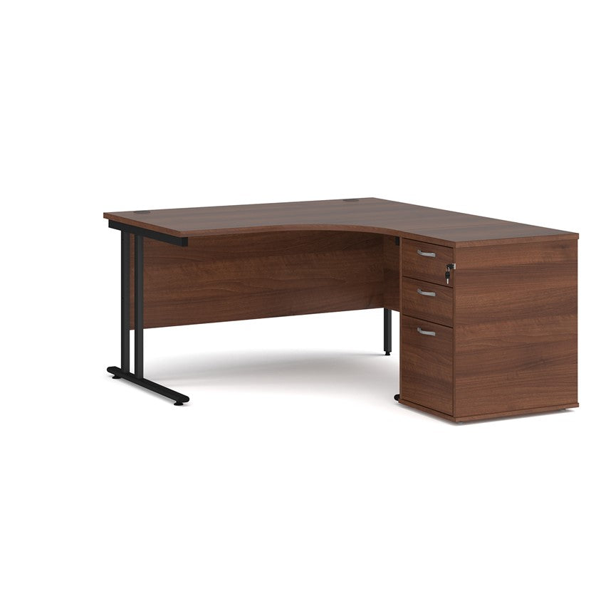 A right-hand configurations office desk with a pedestal storage unit, in a walnut wood finish with a cantilever frame.