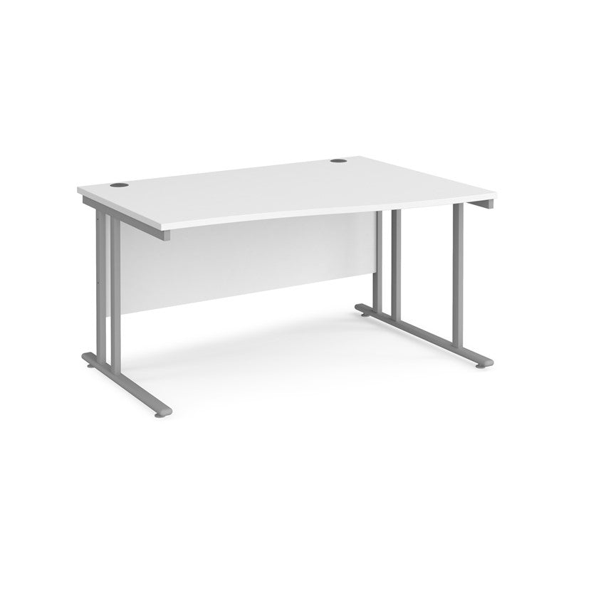 A rectangular office desk with a white tabletop and grey cantilever metal legs.
