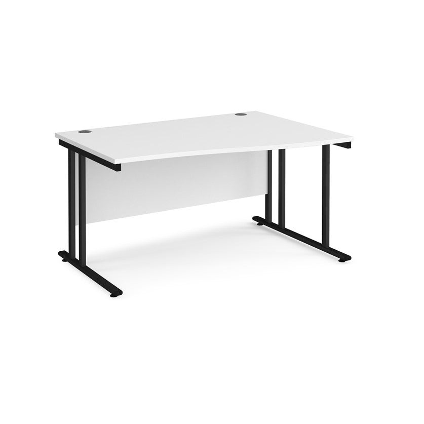 A rectangular office desk with a white tabletop and black cantilever metal legs.
