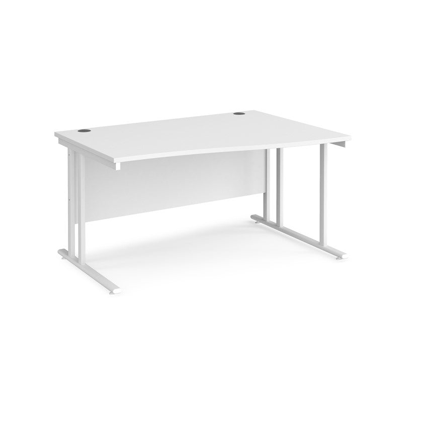 A rectangular office desk with a white tabletop and white cantilever metal legs.
