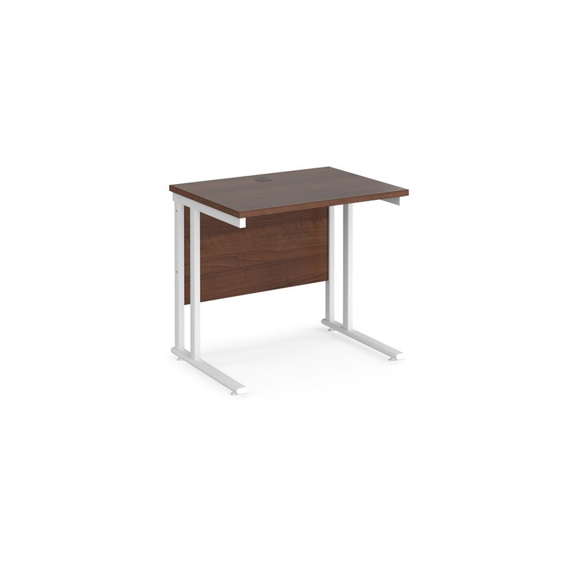 A walnut desk with a white cantilever frame. 