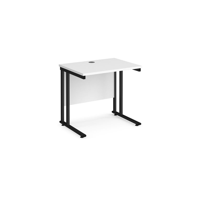 A white desk with a black cantilever frame.