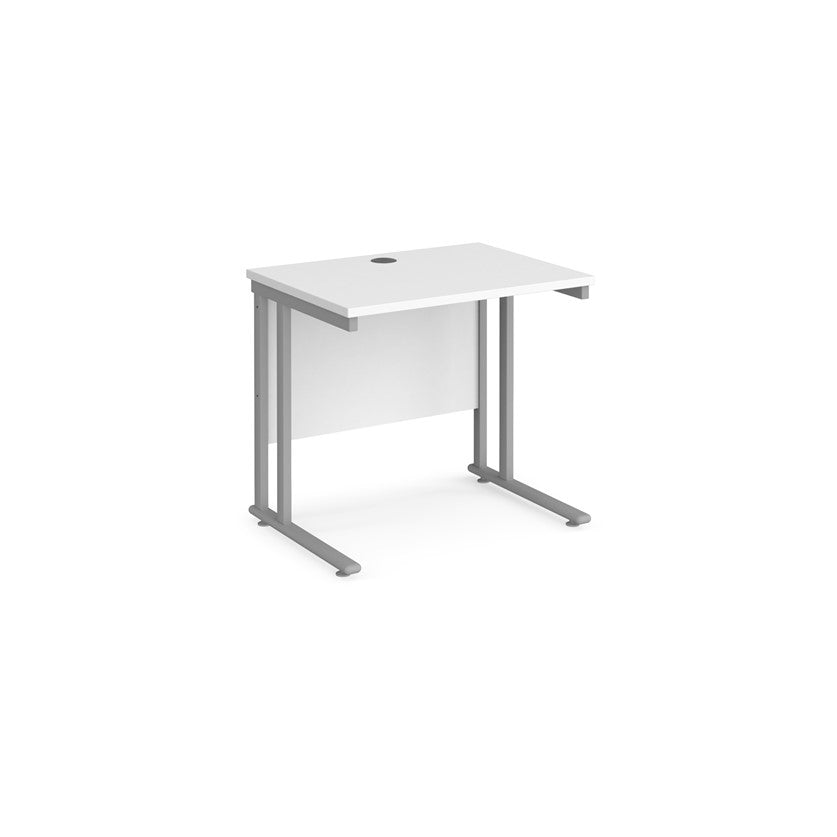 A white desk with a grey cantilever frame. 