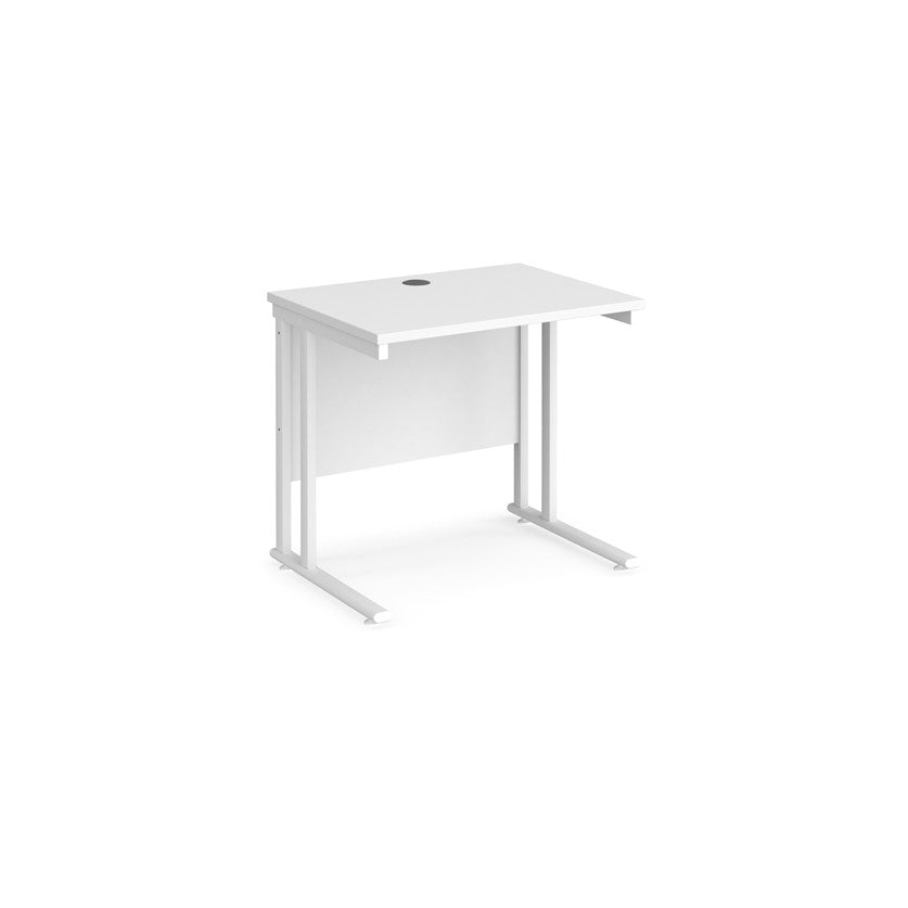 A white desk with a white cantilever frame. 