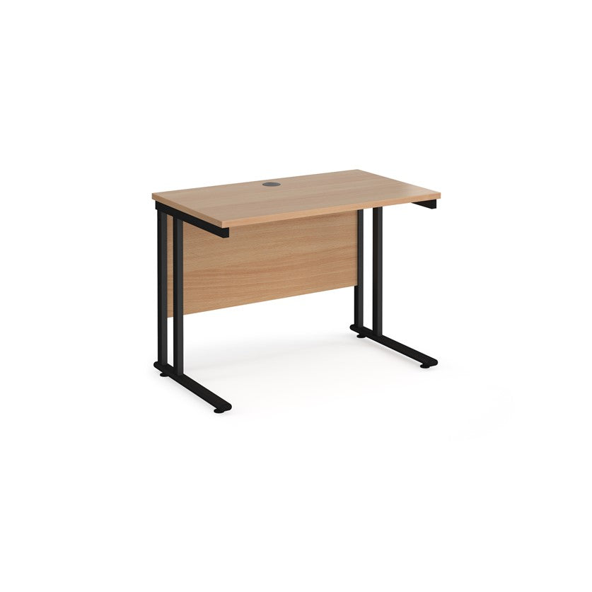 A beech desk with a black cantilever frame.