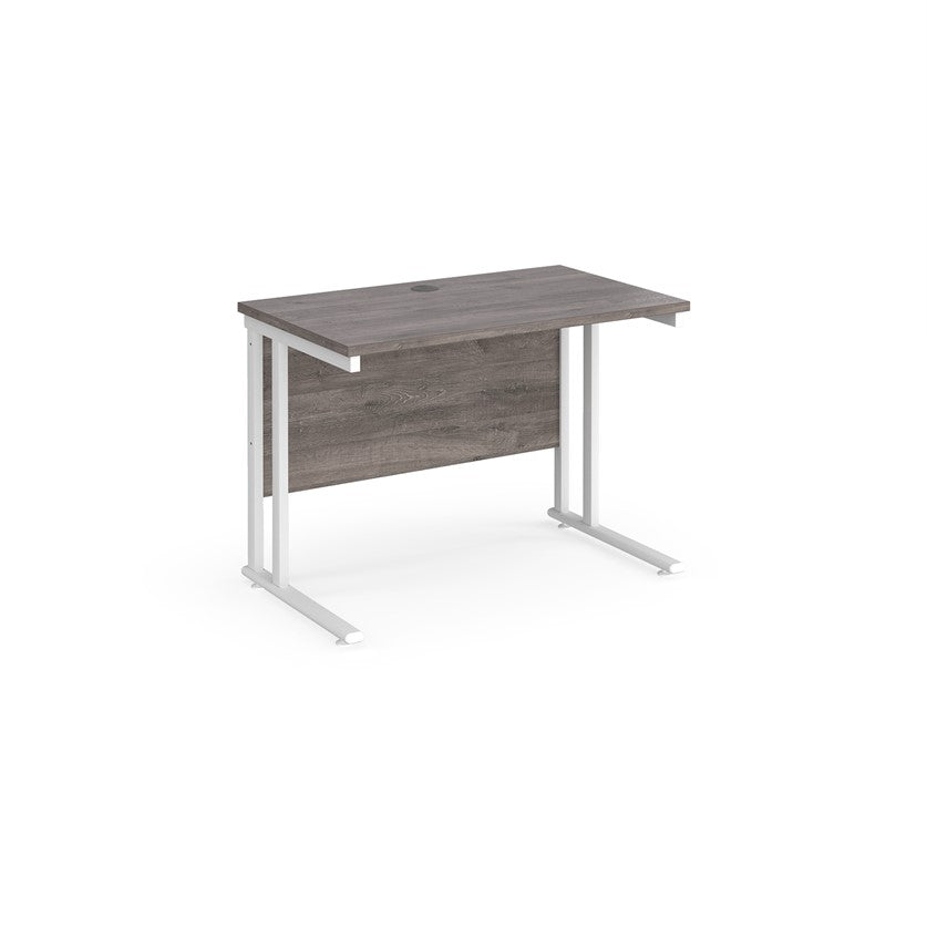 A grey desk with a white cantilever frame. 
