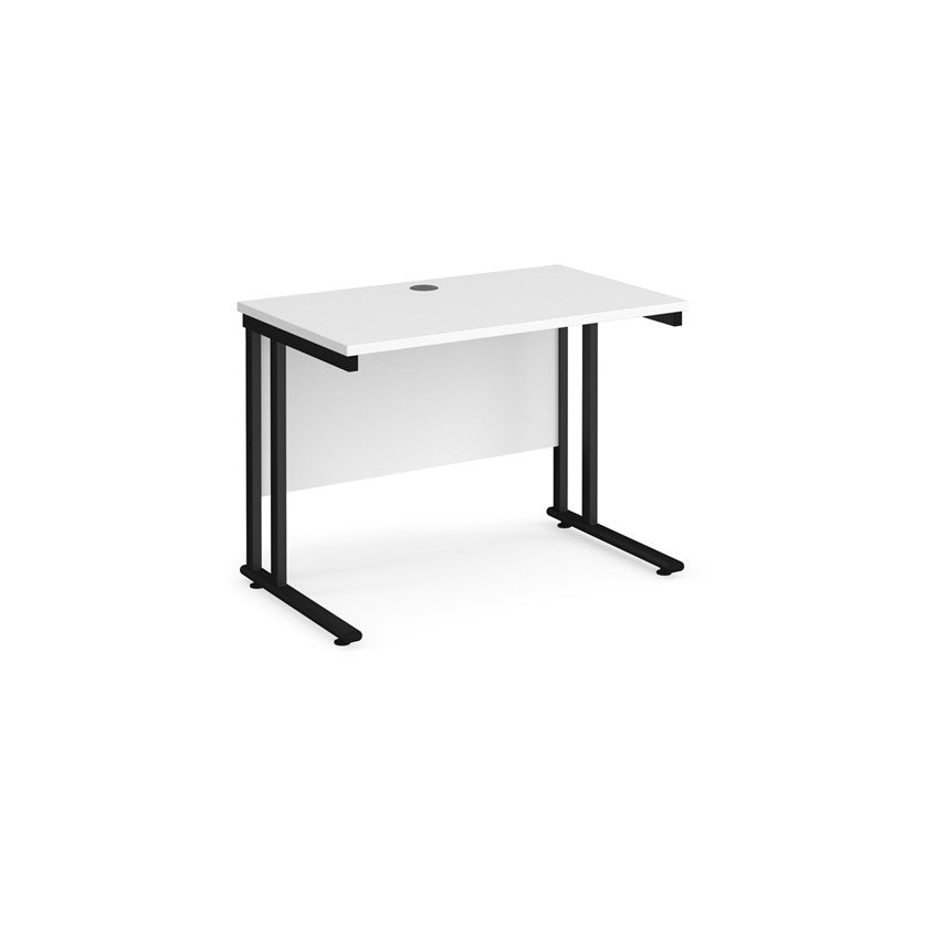 A white desk with a black cantilever frame.