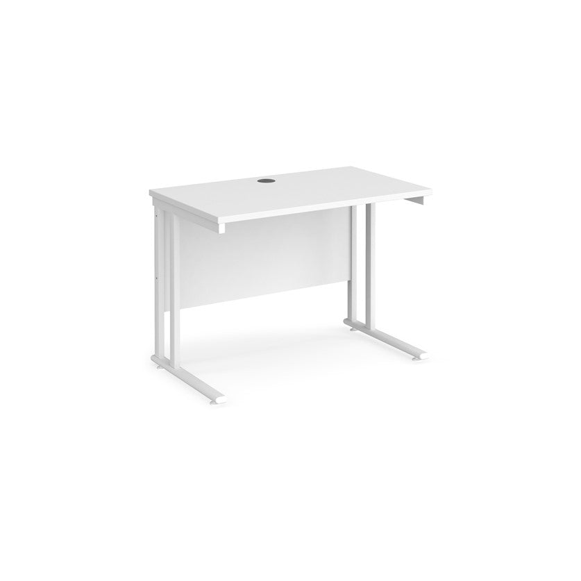 A white desk with a white cantilever frame. 