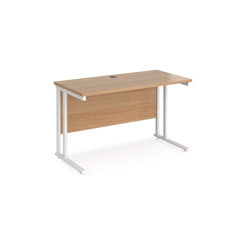 A beech desk with white cantilever frame.