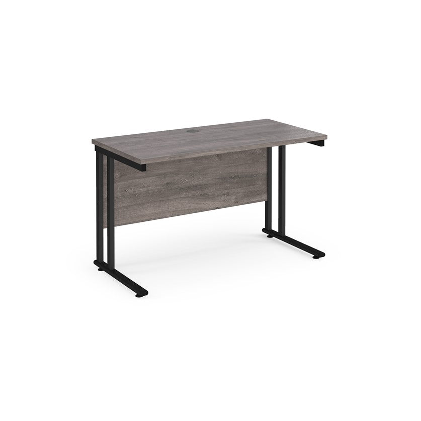 A grey desk with a black cantilever frame.