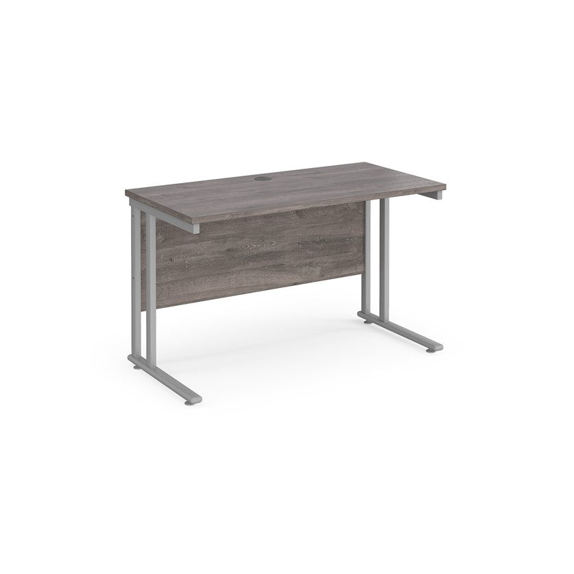 A grey desk with a grey cantilever frame.