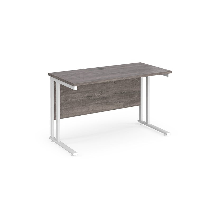 A grey desk with a white cantilever frame. 