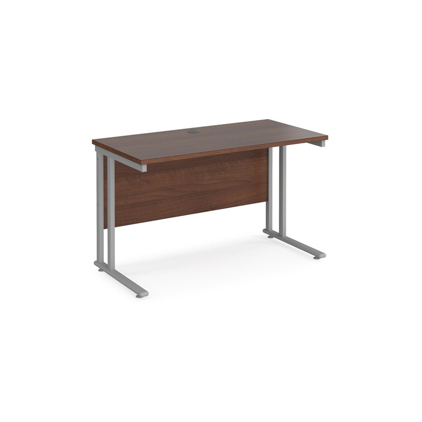 A walnut desk with a grey canilever frame.