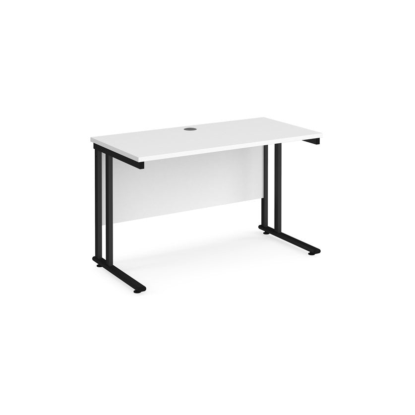A white desk with a black cantilever frame.