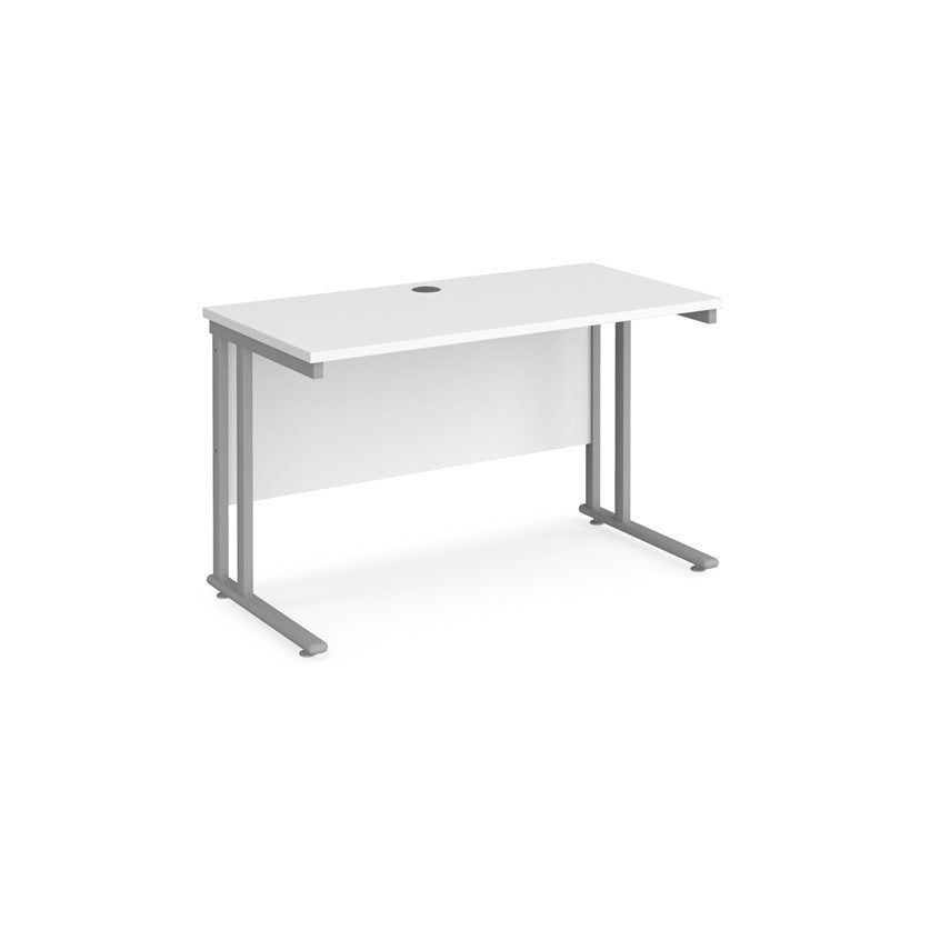 A white desk with a grey cantilever frame.
