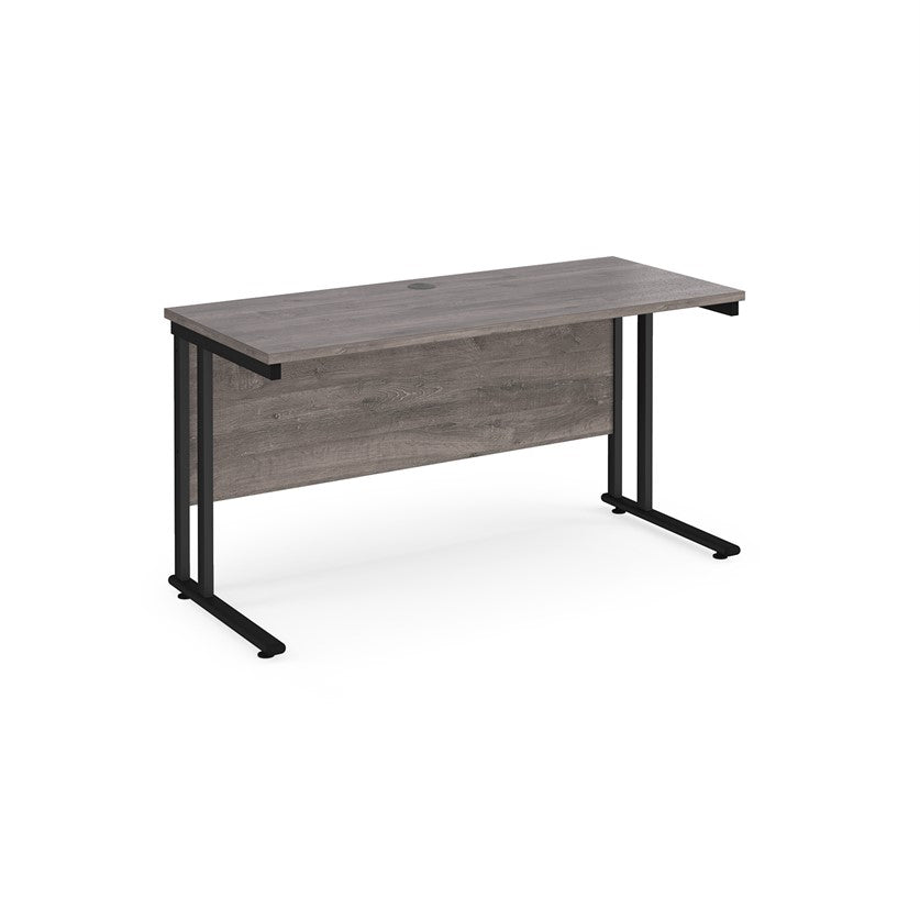 A grey desk with a black cantilever frame.