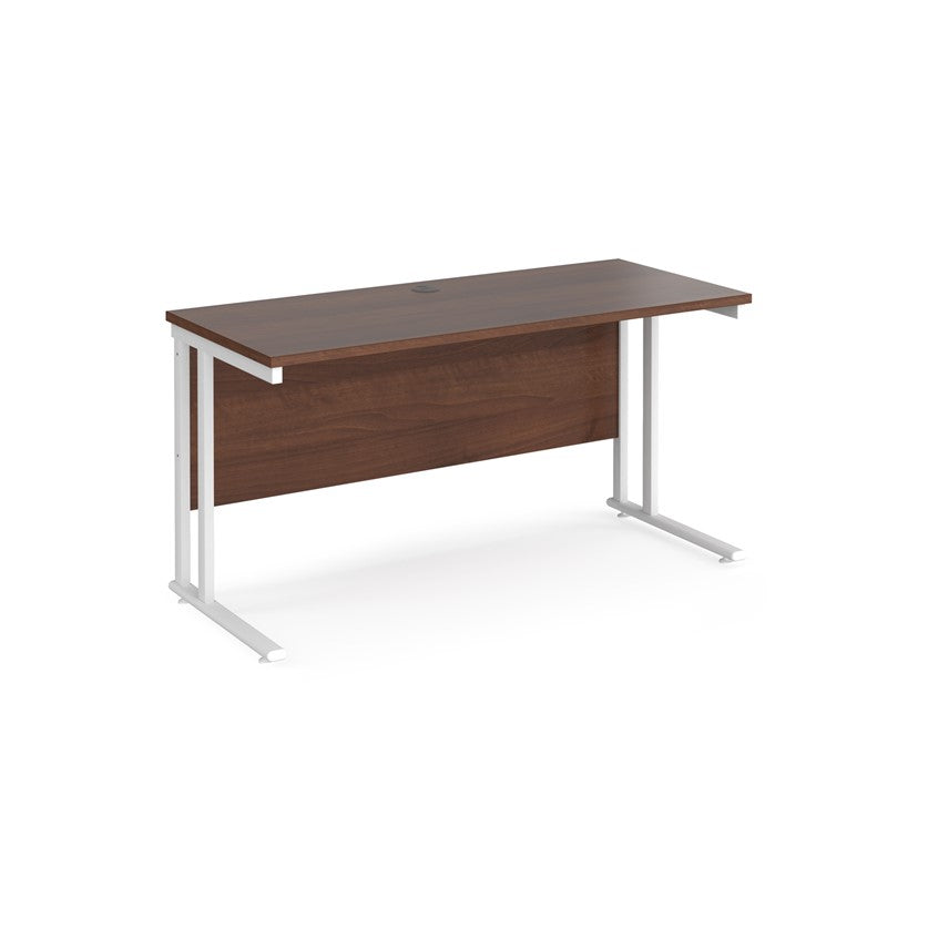 A walnut desk with a white cantilever frame.