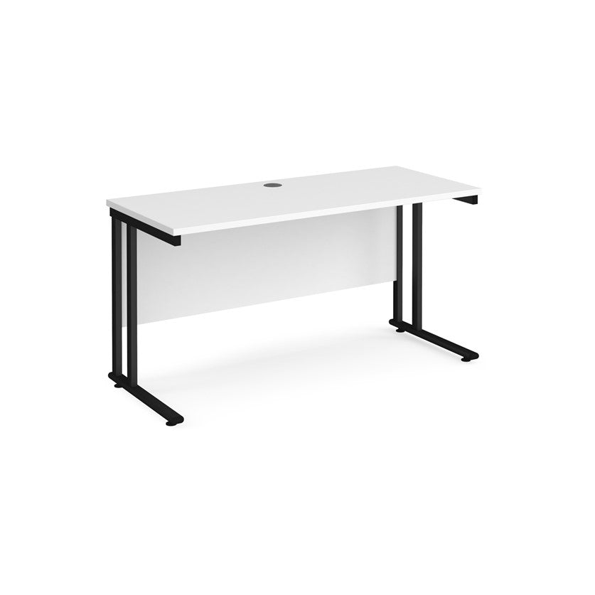 A white desk with a black cantilever frame.