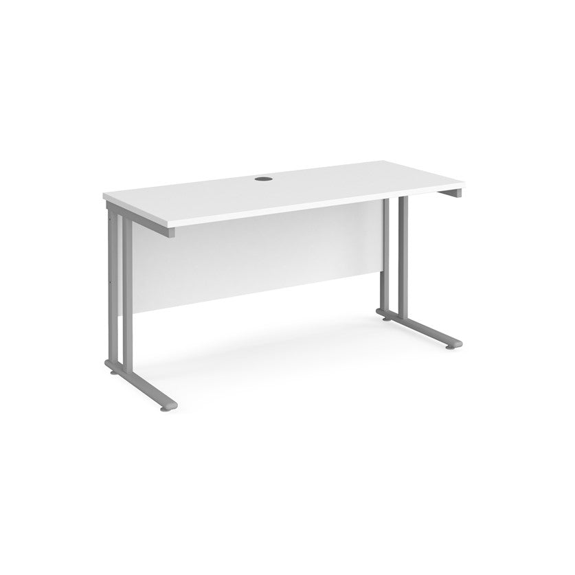 A white desk with a grey cantilever frame.