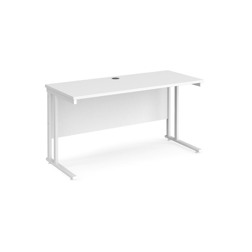 A white desk with a white cantilever frame.