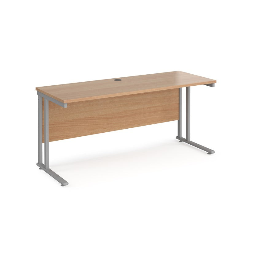 A beech desk with a grey cantilever frame.
