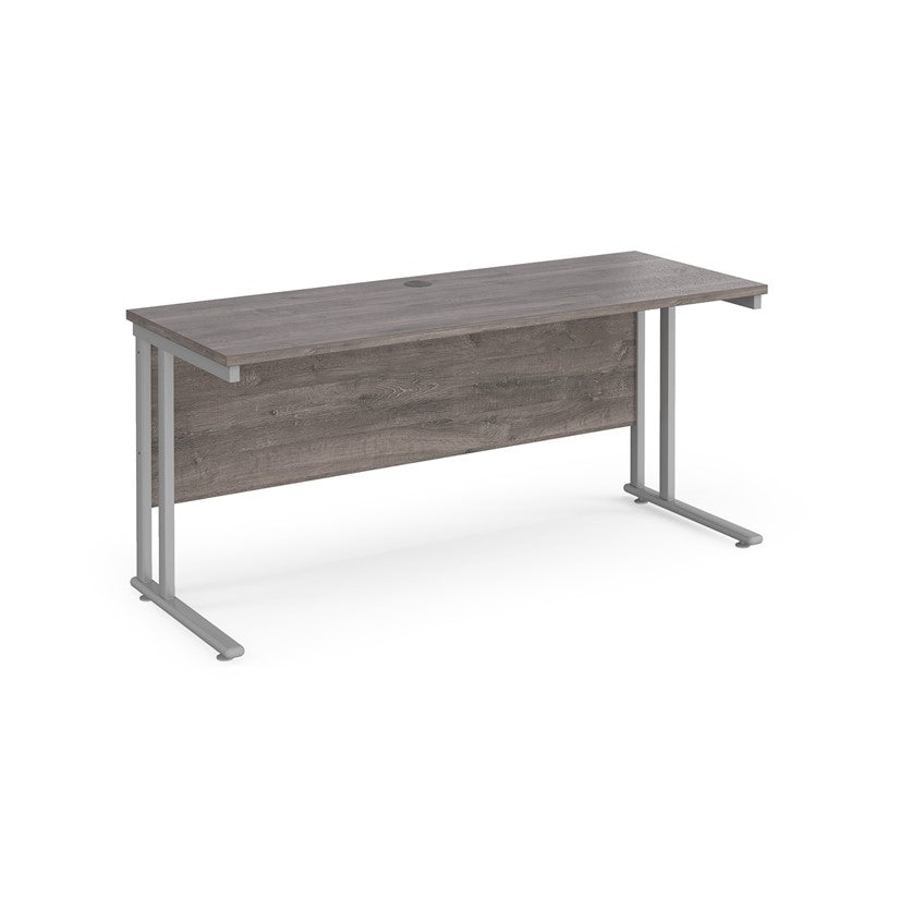 A grey desk with a grey cantilever frame.