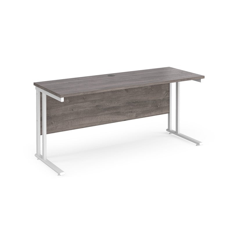 A grey desk with a white cantilever frame.