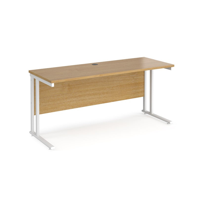 An oak desk with a white cantilever frame. 