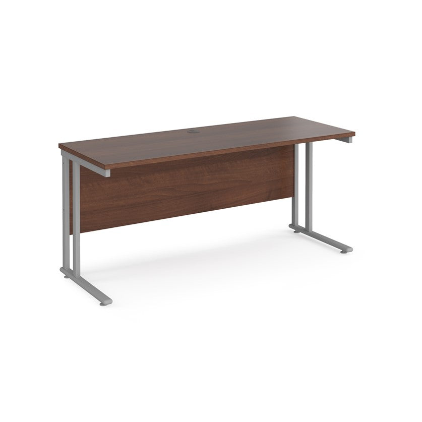 A walnut desk with a grey cantilever frame. 