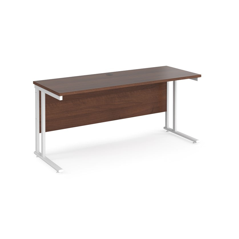 A walnut desk with a white cantilever frame.