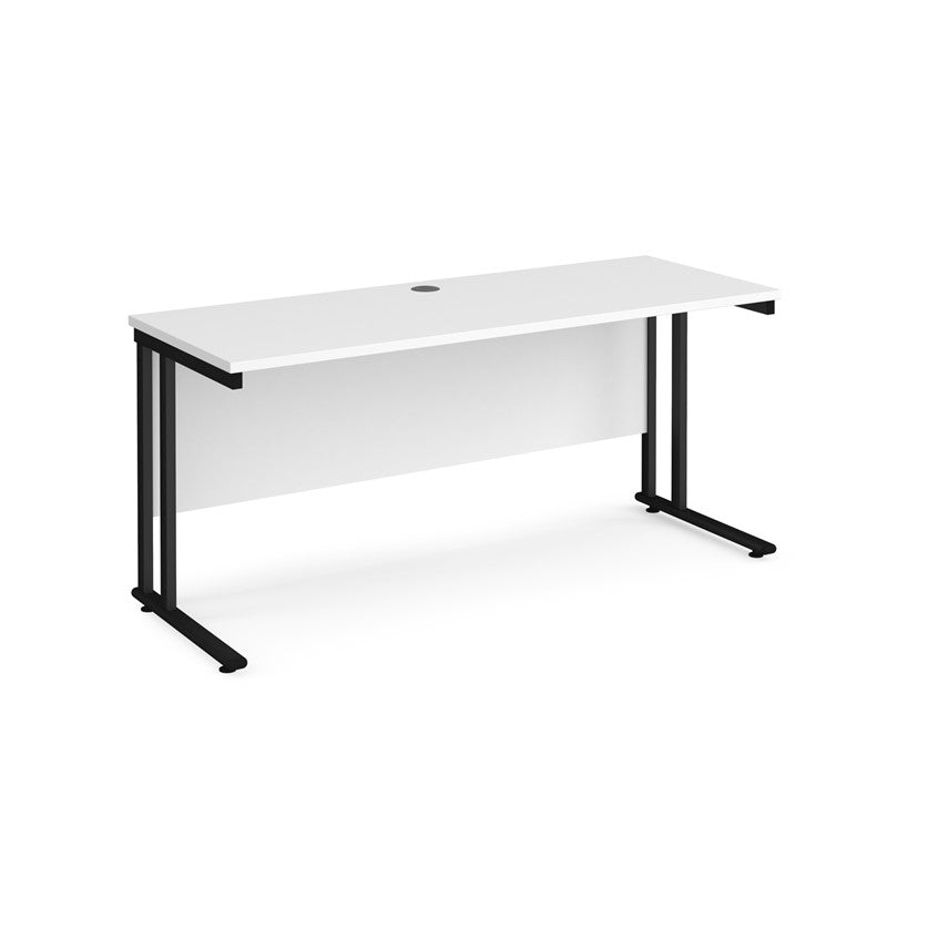 A white desk with a black cantilever frame.