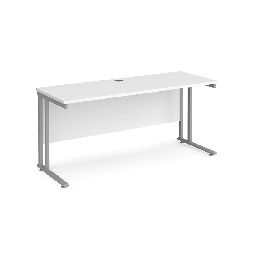 A white desk with a grey cantilever frame.