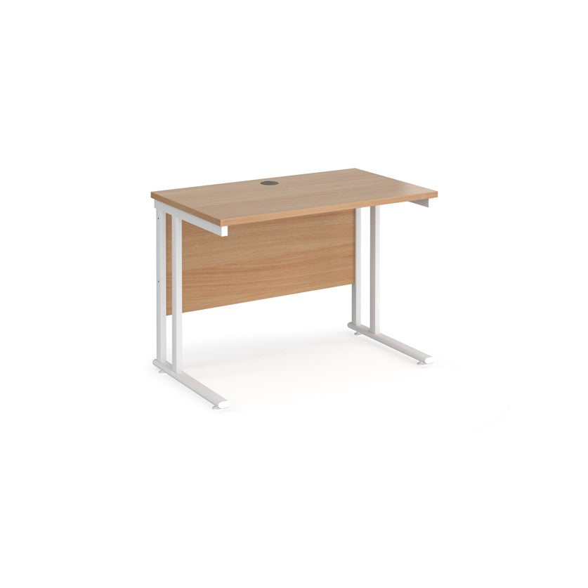 A beech desk with a white cantilever frame.