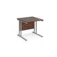 A rectangular desk in walnut with a grey cantilever frame. 
