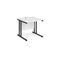 A white desk with a black cantilever frame.