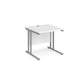 A white desk with a grey cantilever frame. 