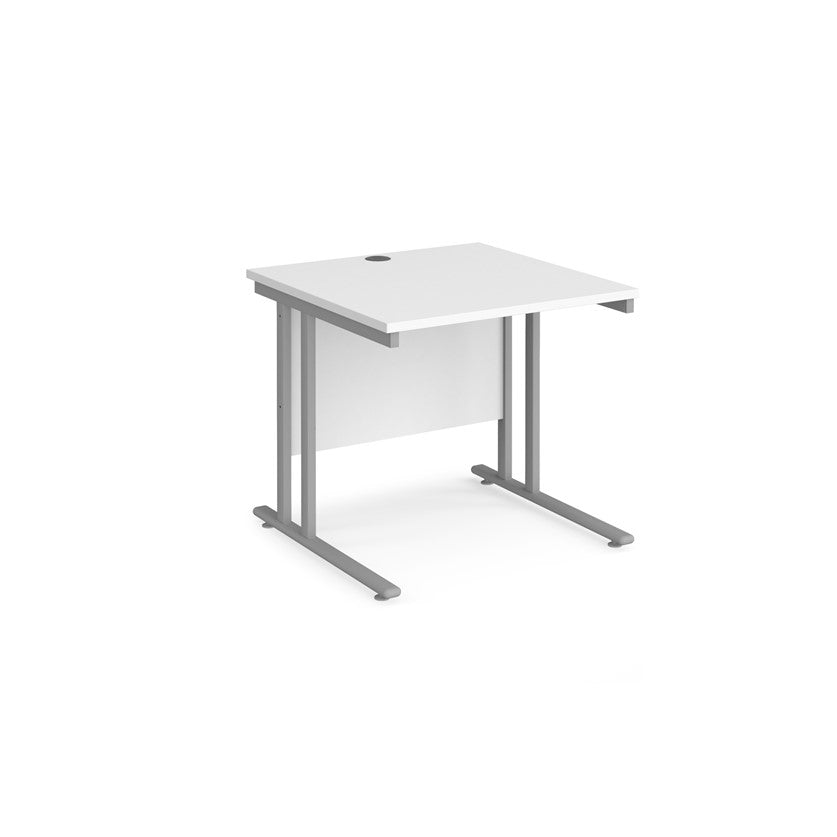 A white desk with a grey cantilever frame. 