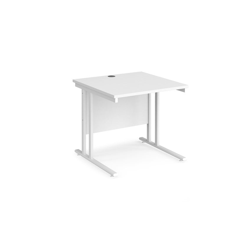 A white desk with a white cantilever frame.