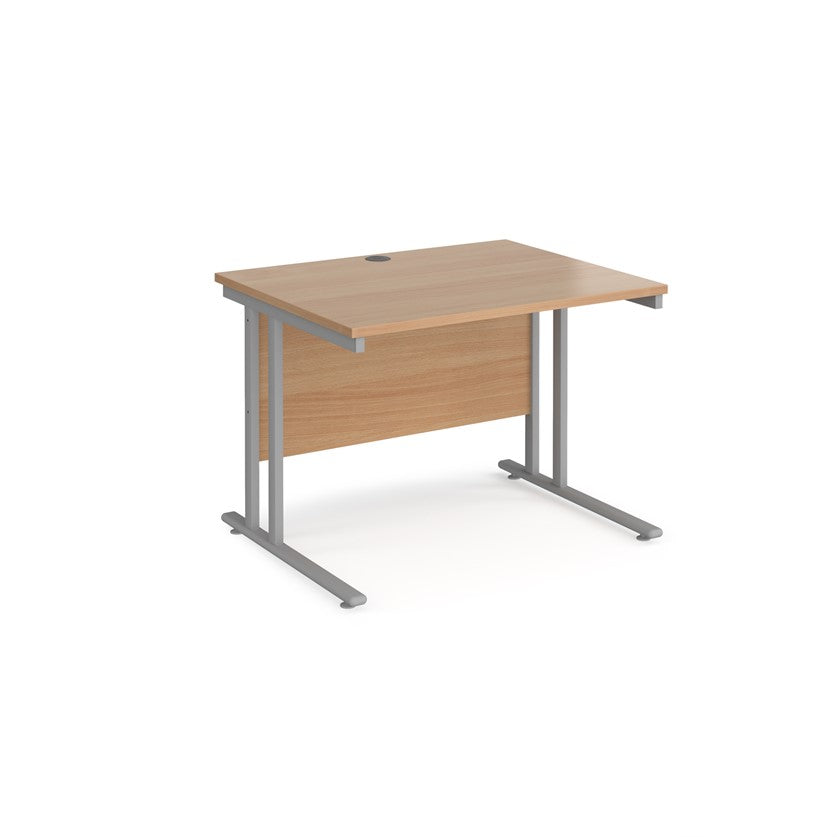 A beech desk with a grey cantilever frame. 