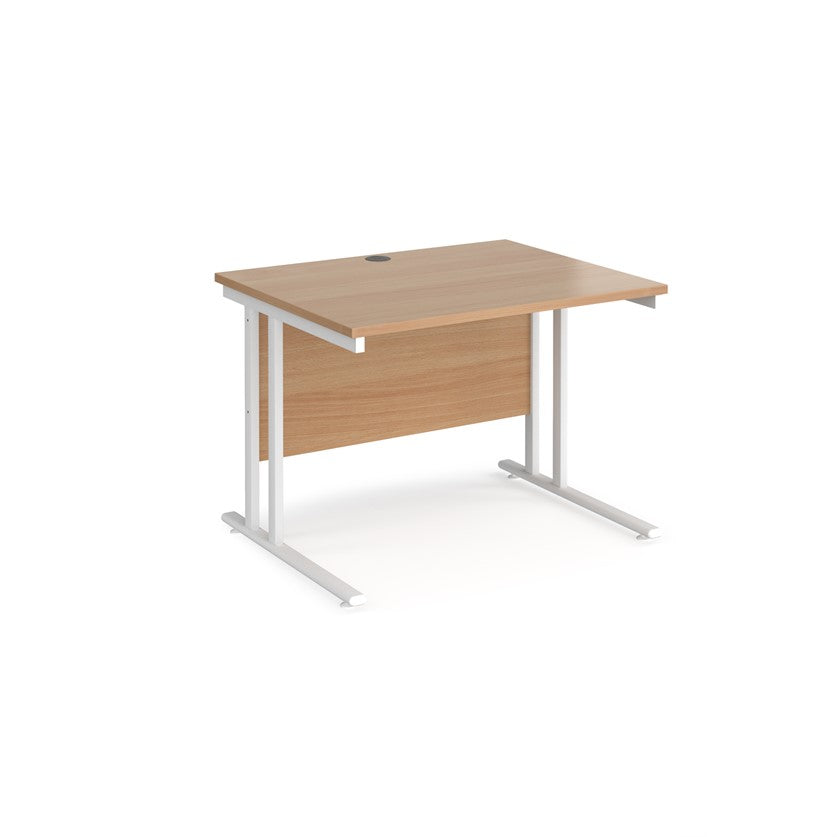 A beech desk with a white cantilever frame.
