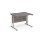 A grey desk with a grey cantilever frame. 