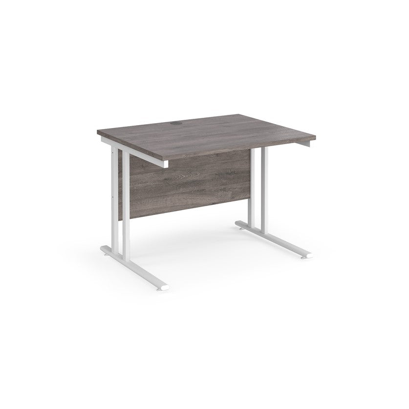 A grey desk with a white cantilever frame.