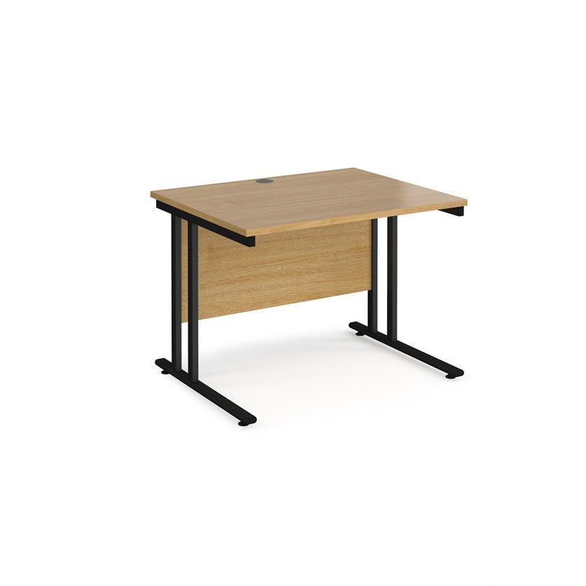 A beech desk with a black cantilever frame.