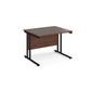 A walnut desk with a balck cantilever frame