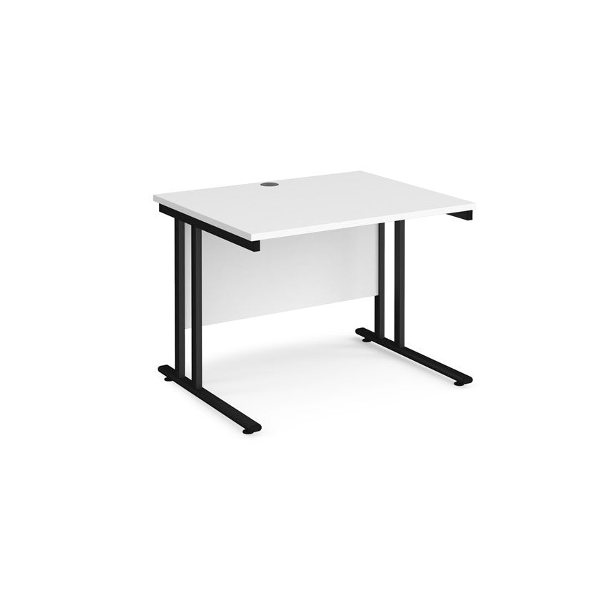 A white desk with a black cantilever frame.