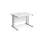 A white desk with a grey cantilever frame.